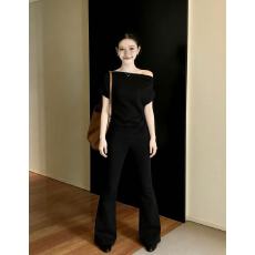 批发甜飒风纯欲性感一字肩短袖T恤女夏装宽松百搭韩版褶皱半袖上衣服