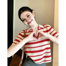 批发红色条纹v领针织短袖t恤女2026新款夏季小个子polo领正肩百搭上衣