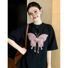批发夏装胖MM特大码300斤黑色国风蝴蝶刺绣短袖t恤女夏宽松显瘦上衣服