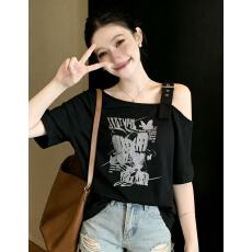 批发大码女装遮肚子露肩洋气短袖t恤女夏季新款胖MM宽松显瘦百搭上衣