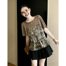 批发2026夏新款印花短袖T恤大码女装胖mm马甲拼接假两件遮肉显瘦上衣