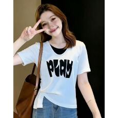 批发大码胖mm夏季新款时尚百搭假两件短袖T恤设计感不规则圆领上衣女