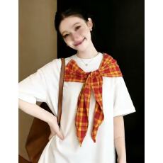 批发美式复古格纹蝴蝶结短袖t恤女夏季设计感小众宽松慵懒风半袖上衣