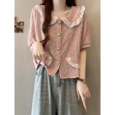 批发大码女装法式遮肚子娃娃领小众衬衫女夏季胖妹妹宽松显瘦短袖上衣