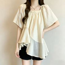 批发法式不规则超仙短袖<b class='q'>雪纺衫</b>夏微胖<b class='q'>大码</b>设计感遮肚子娃娃衫流行上衣