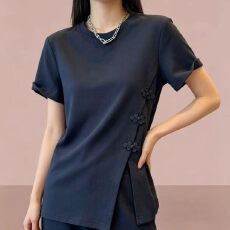 批发新中式女装<b class='q'>纯棉</b>短袖t恤女2025新款中国风盘扣上衣夏季纯色<b class='q'>打底衫</b>