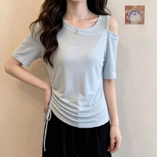 批发慵懒蓝色露肩抽绳短袖T恤女夏季新款微胖大码宽松显瘦设计感上衣