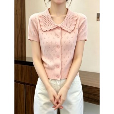 批发温柔风粉色翻领开衫式短袖T恤女2026年新款夏季法式独特漂亮上衣