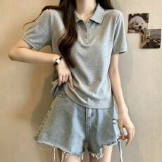 批发夏季2026新款宽松POLO领冰丝<b class='q'>针织</b><b class='q'>开衫</b>女装翻领设计短袖T恤上衣薄