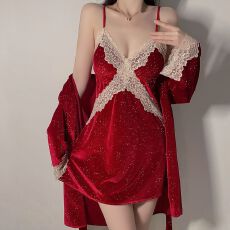 批发网图性感睡衣女金丝绒吊带睡裙睡袍两件套满天星蕾丝带胸垫家居服