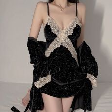 批发网图性感睡衣女金丝绒吊带睡裙睡袍两件套满天星蕾丝带胸垫家居服
