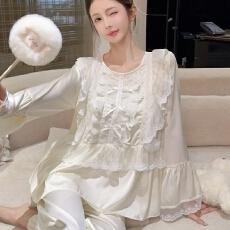 批发实拍春季<b class='q'>睡衣</b>女冰丝长袖长裤套装蕾丝花边公主风轻奢高级感家居服
