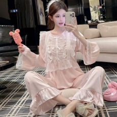 批发实拍春季<b class='q'>睡衣</b>女冰丝长袖长裤套装蕾丝花边公主风轻奢高级感家居服