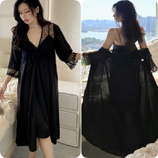 批发<b class='q'>春</b>夏性感睡衣女吊带睡裙睡袍两件套中长款带胸垫蕾丝高级感家居服