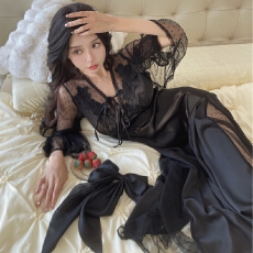 批发<b class='q'>春</b>夏睡衣女性感蕾丝喇叭袖睡裙冰丝长款公主风高级感带胸垫家居服