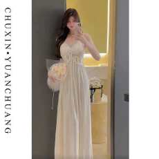 批发网图性感睡衣女冰丝吊带睡裙长款蕾丝花边轻奢高级感带胸垫家居服