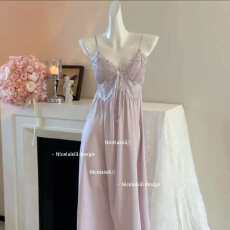 批发网图性感睡衣女冰丝吊带睡裙长款蕾丝花边轻奢高级感带胸垫家居服