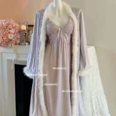 批发网图性感睡衣女冰丝吊带睡裙+海岛绒外袍长款两件套高级感家居服