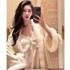 批发网图性感睡衣女冰丝吊带睡裙+海岛绒外袍长款两件套高级感家居服