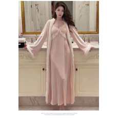 批发网图性感睡衣女冰丝吊带睡裙+海岛绒外袍长款两件套高级感家居服