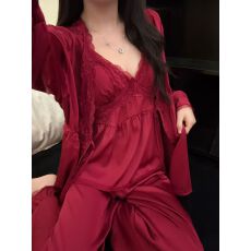 批发网图春夏性感<b class='q'>睡衣</b>冰丝吊带开衫长裤三件套蕾丝带胸垫高级感家居服