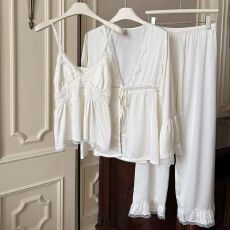 批发网图春夏性感<b class='q'>睡衣</b>冰丝吊带开衫长裤三件套蕾丝带胸垫高级感家居服