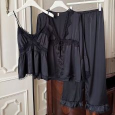 批发网图春夏性感<b class='q'>睡衣</b>冰丝吊带开衫长裤三件套蕾丝带胸垫高级感家居服