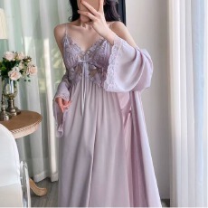 批发网图性感<b class='q'>睡衣</b>女冰丝吊带睡裙睡袍两件套中长款高级感带胸垫家居服