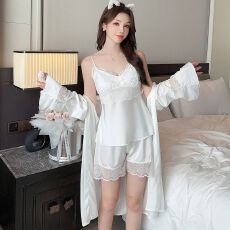 批发实拍性感睡衣女吊带短裤<b class='q'>睡袍</b>三件套装缎面冰丝高级感带胸垫家居服