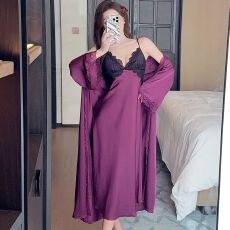 批发实拍性感睡衣女长款吊带睡裙<b class='q'>睡袍</b>两件套轻奢风高级感带胸垫家居服