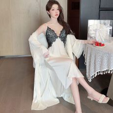 批发实拍性感睡衣女长款吊带睡裙<b class='q'>睡袍</b>两件套轻奢风高级感带胸垫家居服