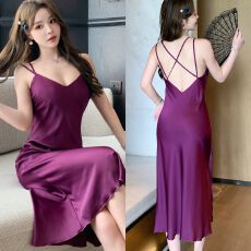 批发实拍性感睡衣冰丝吊带睡裙交叉美背纯色中长款高级感带胸垫家居服