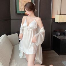 实拍性感睡衣女吊带睡裙睡袍两件套冰丝带胸垫轻奢风高级感家居服