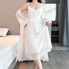 批发性感睡衣女网纱吊带睡裙睡袍<b class='q'>两件套</b>白色中长款公主风高级感家居服