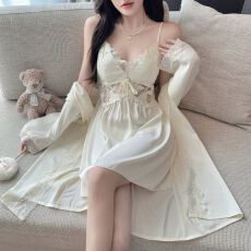 批发实拍性感睡衣女冰丝<b class='q'>吊带</b><b class='q'>睡裙</b>睡袍两件套装蕾丝带胸垫高级感家居服