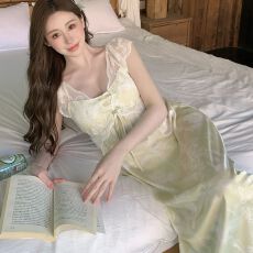 夏季新款睡衣女冰丝中长款睡裙带胸垫印花蕾丝高级感轻奢风家居服