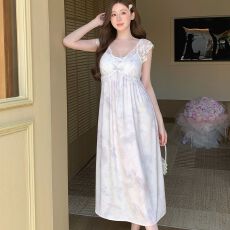 夏季新款睡衣女冰丝中长款睡裙带胸垫印花蕾丝高级感轻奢风家居服