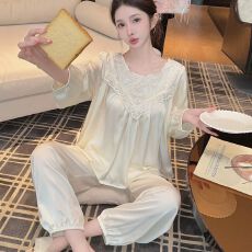批发实拍春夏新款<b class='q'>睡衣</b>女冰丝<b class='q'>长袖</b>长裤套装前后蕾丝高级感轻奢风家居服