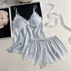 批发网图<b class='q'>夏季</b><b class='q'>性感</b><b class='q'>睡衣</b>女压花蝴蝶冰丝吊带短裤套装带胸垫纯欲风家居服