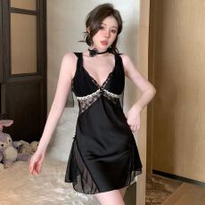 批发实拍性感睡衣女缎面冰丝吊带睡裙蕾丝花边带胸垫高级感气质家居服