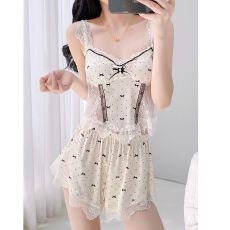 批发网图性感睡衣女冰丝吊带<b class='q'>短裤</b>套装蕾丝花边轻奢高级感带胸垫家居服