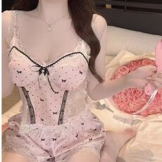 批发网图性感睡衣女冰丝吊带<b class='q'>短裤</b>套装蕾丝花边轻奢高级感带胸垫家居服