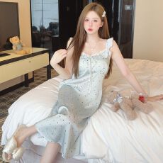 批发性感睡衣女冰丝薄款吊带睡裙中长款小飞袖波点高级感带胸垫家居服
