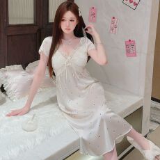 批发性感睡衣女冰丝薄款短袖睡裙中长款波点宫廷风高级感带胸垫家居服