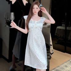 批发性感睡衣女冰丝薄款短袖睡裙中长款波点宫廷风高级感带胸垫家居服