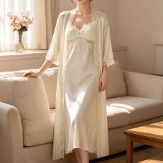 批发性感睡衣女冰丝吊带睡裙<b class='q'>睡袍</b>两件套装蕾丝美背中长款带胸垫家居服