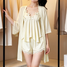 批发实拍<b class='q'>性感</b><b class='q'>睡衣</b>女夏冰丝吊带短裤套装立体蝴蝶结高级感带胸垫家居服