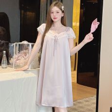 批发实拍性感睡衣女夏冰丝短袖睡裙中长款蕾丝花边轻奢风高级感家居服