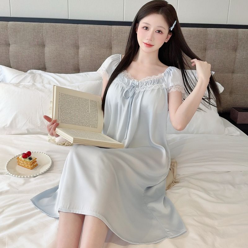 BY33096# 性感睡衣女夏冰丝短袖睡裙中长款蕾丝花边轻奢风高级感家居服 服裝批發女裝批發服飾貨源
