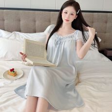 批发实拍性感睡衣女夏冰丝短袖睡裙中长款蕾丝花边轻奢风高级感家居服